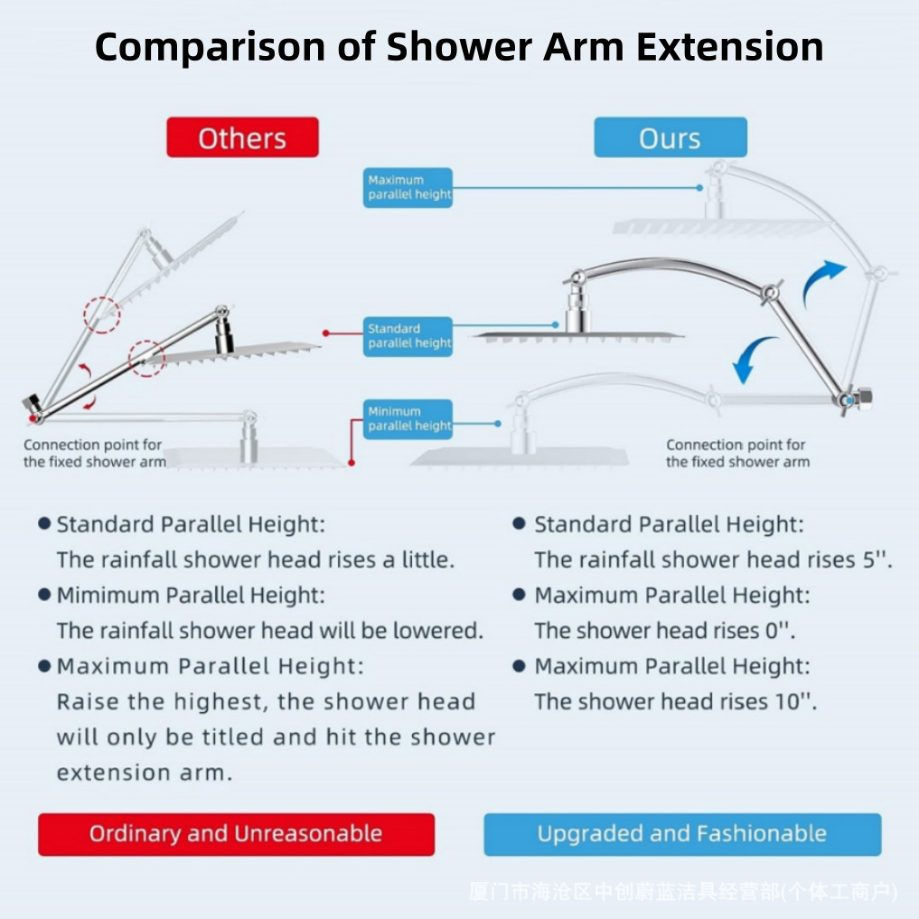 Curved Double-Pole Shower Extension Rod, Shower Head Connection, Adjustable Shower Arm Bracket with Toothed Extension Rod