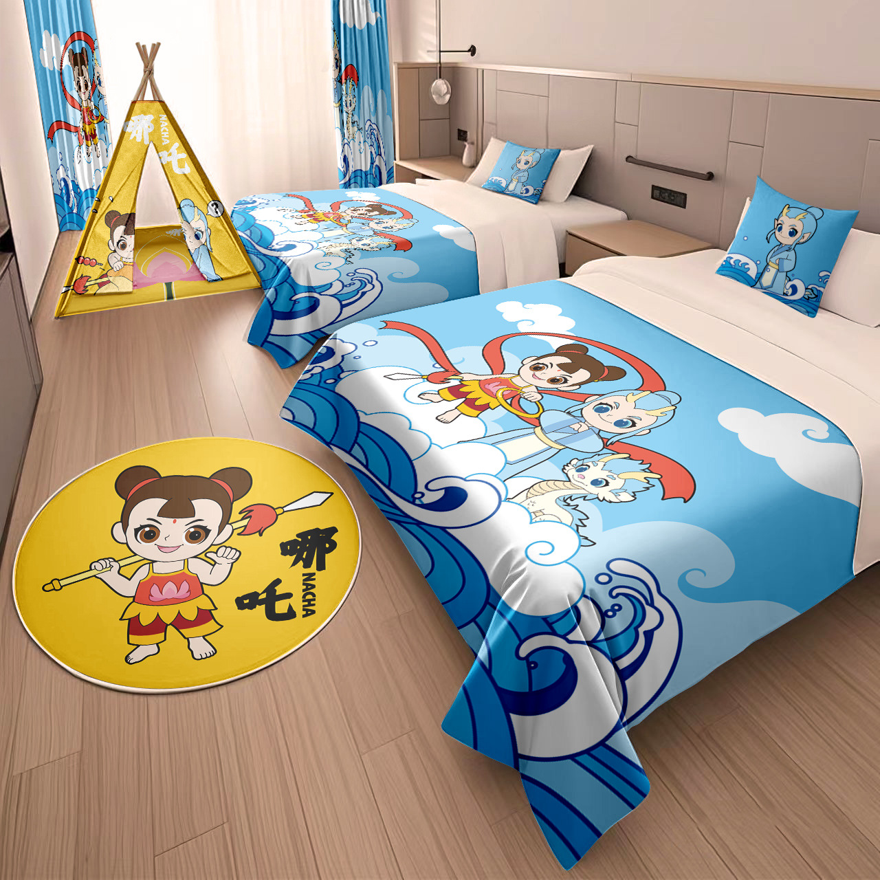 Hotel Family Room Decoration Nezha Fights the Sea Cartoon Bed Cover Pillow Tent Decoration B&B Family Theme Room Renovation