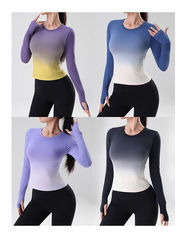 New Cross-border Yoga Gradient Quick-drying Sports Fitness Long-sleeved T-shirt Women's Slim-fit Top Tight Base Shirt Thin