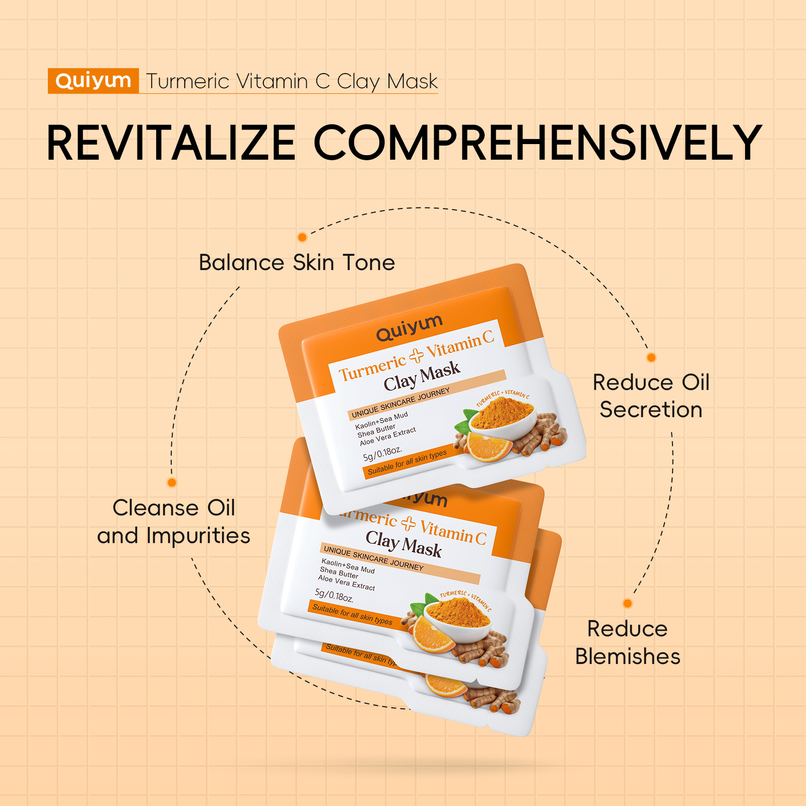 Cross-Border Quiyum Facial Mask Sheet English Turmeric Vitamin C Hydrating Moisturizing Cleansing Export Sheet 5g Skin Care Products Export