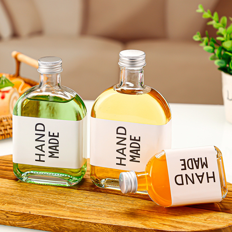 Creative Beverage Glass Bottle Cold Brew Coffee Bottle Cold Drink Milk Tea Fruit Wine Beverage Coffee Transparent Glass Flat Wine Bottle