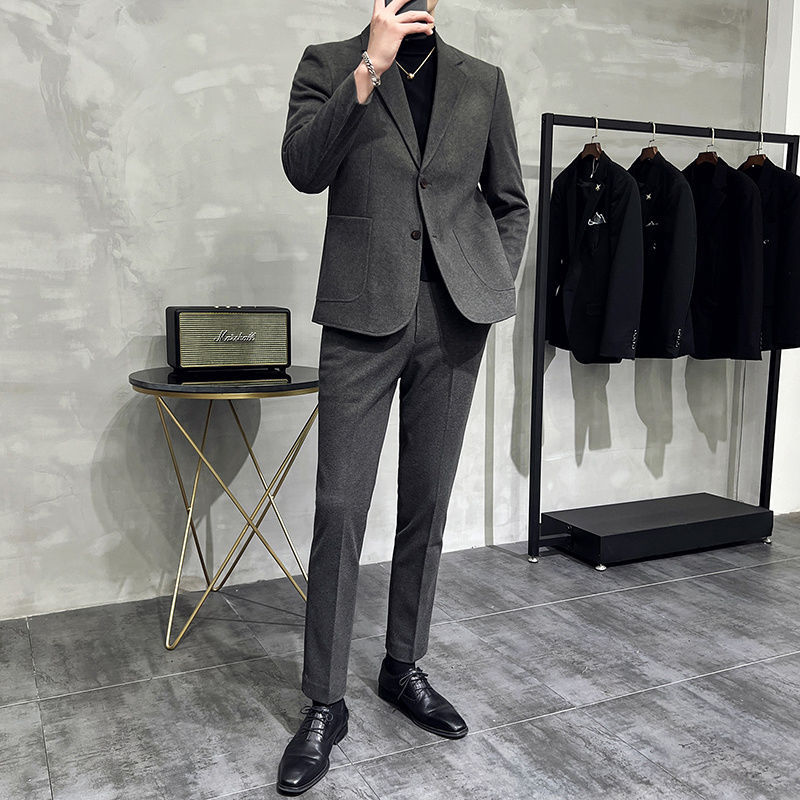 Spring and Autum Thickeneded Woolen Casual Suit Men's Suit Korean Style Slim British Style Handsome Suit Two-Piece Set for Men