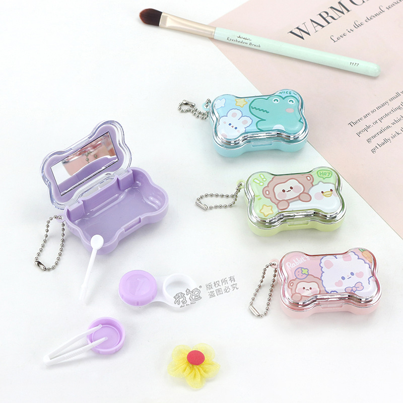Creative Cartoon Contact Lens Case with Mirror Cute Mini Portable Contact Lens Storage Box with Tweezers Dual Box