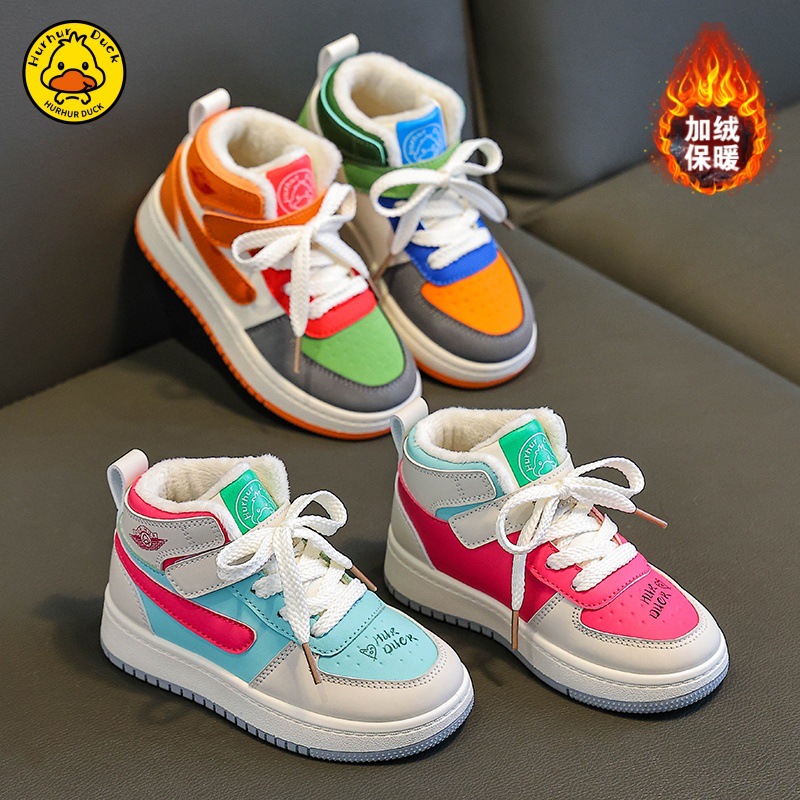 Girls' High-Top Cotton Shoes, Winter Velvet Thickeneded Sports Shoes, Leather Waterproof Student Sneakers, Kidsren's Warm Winter Shoes