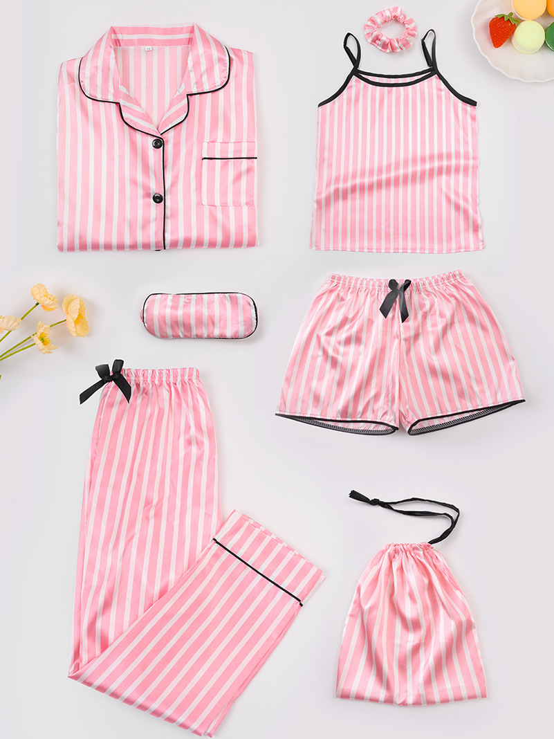 Factory Direct Supply Cross-border Ozon Four Seasons Children's Simulation Silk Stripe Pajamas Seven-piece Home Clothes suit