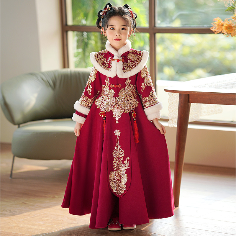 Girls' Hanfu Chinese Style Children's Ancient Costsize Winter fleece-lined Tang Suit Ancient Style dress New New Year's Service for Little Girls