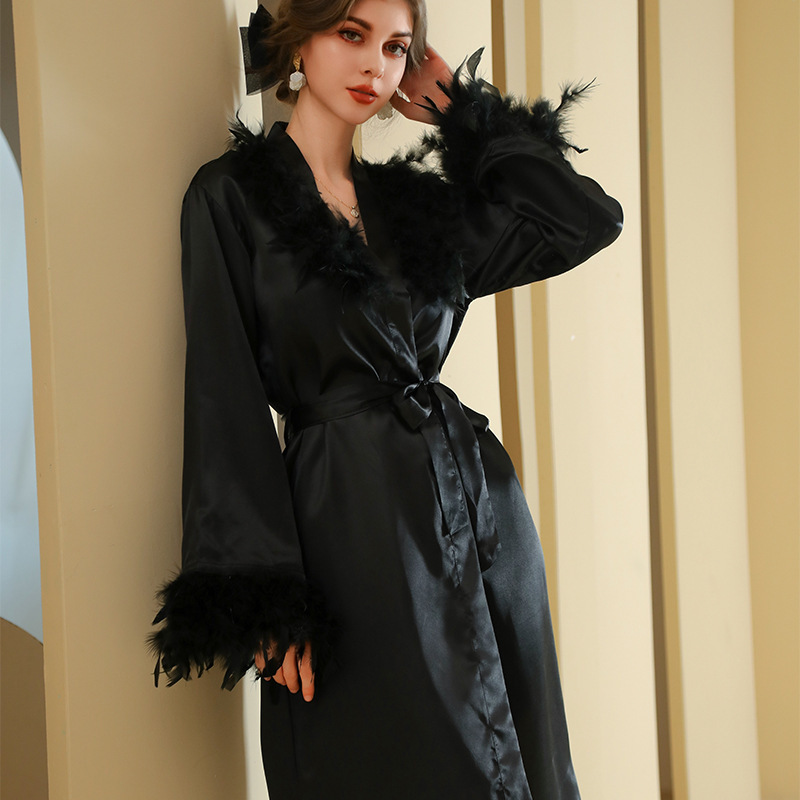 bride fur collar morning gown women's feather long nightgown wedding makeup bridesmaid group wedding kimono satin bathrobe