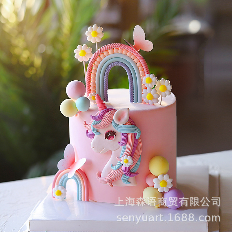Baking Cake Decoration Girly Heart Fantasy Pink Blue Rainbow Fantasy Unicorn Clouds Butterfly Children's Birthday Plug-in