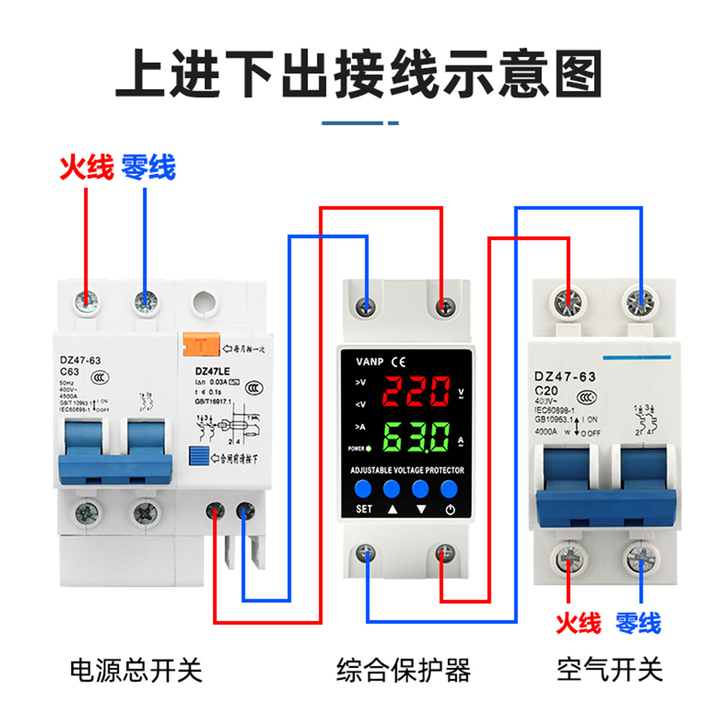Pn2 Self-Restoring Digital Display Adjustable Over-Voltage and Under-Voltage Over-Current Protection Automatic Controller Overload Current Limiting 40A63A80A