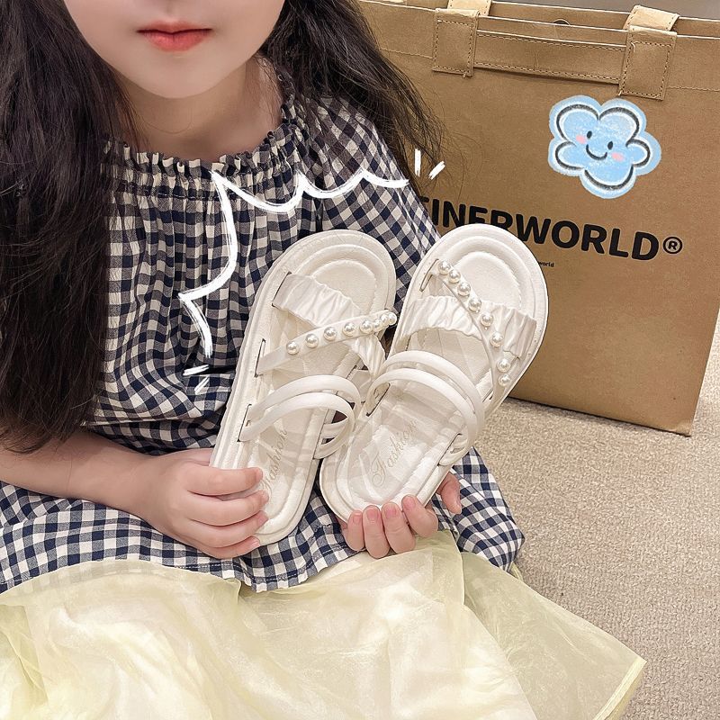 Модные детские сандалии с бантом и жемчугом, летние, универсальные, с круглым носком, противоскользящие, для активного отдыха, прочные сандалии для девочек