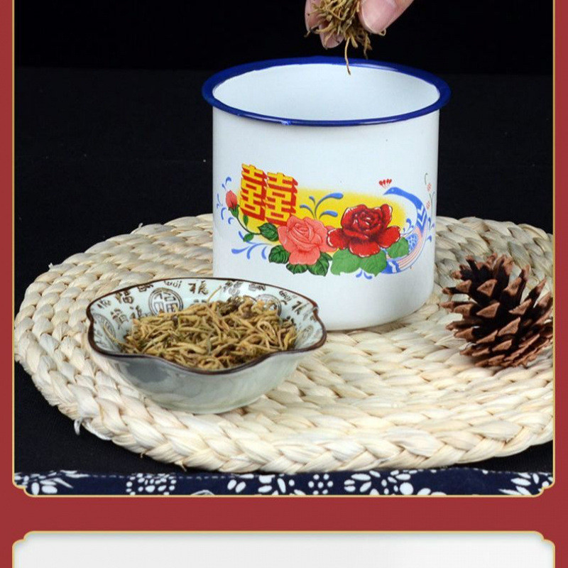 Classic Nostalgic Enamel Cup with Lid Tea Jar Large Old-Fashioned Office Double Happiness Hotel Wedding Flower Cup