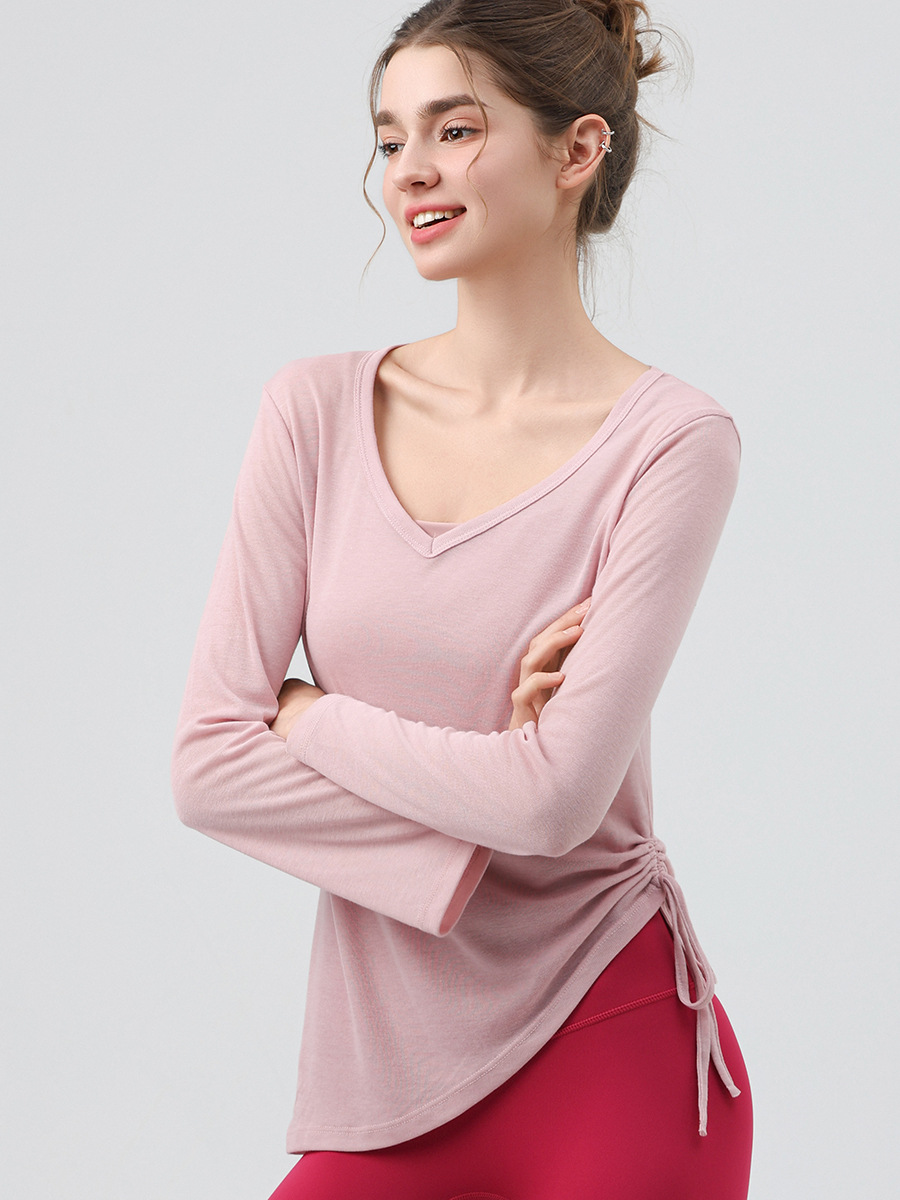 Thin Yoga Blouse Long-Sleeved Hip-Covering Women's Pleated Drawstring T-Shirt Loose Casual Spring and Summer Fitness Yoga Wear