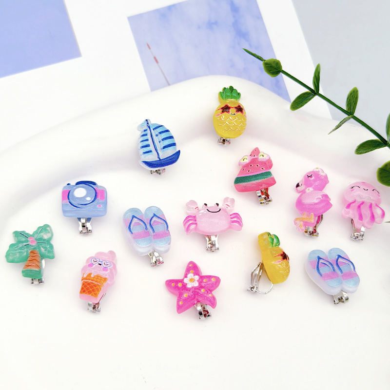 [Can] New Kidsren's Pierced Earrings Beach Ocean Cartoon Resin Anti-Pain Ear Clip Little Girl Earrings