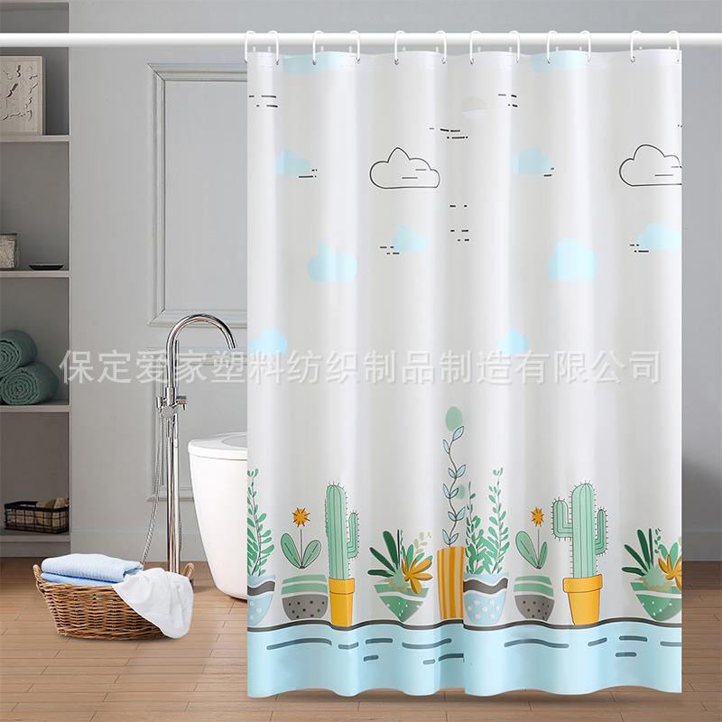 in stock PE printed shower curtain waterproof mildew-proof non-perforated bathroom toilet partition cross-border e-commerce hook curtain