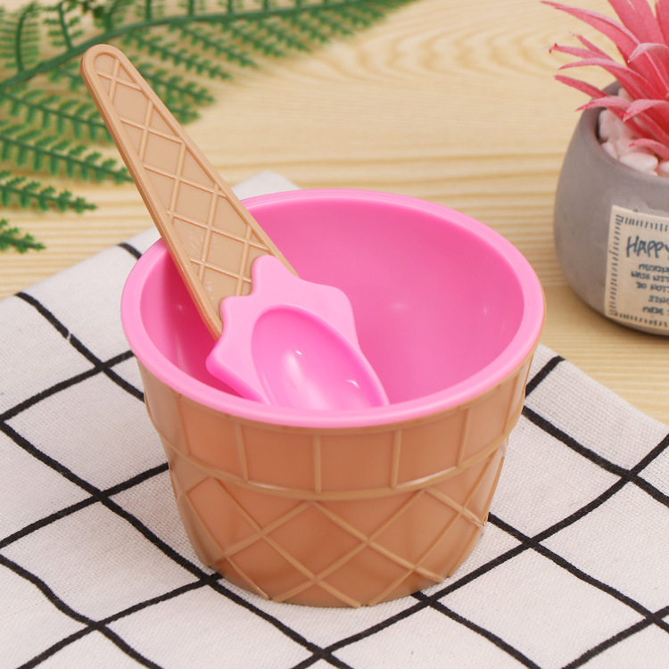Creative Candy-colored Ice Cream Bowl Children's Double-layer Insulation Anti-drop Plastic Bowl Dessert Ice Cream Bowl Spoon suit