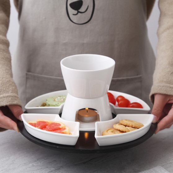 Pure white ceramic chocolate hot pot suit simple cheese cheese hot pot ice cream fruit fire boiler with chassis