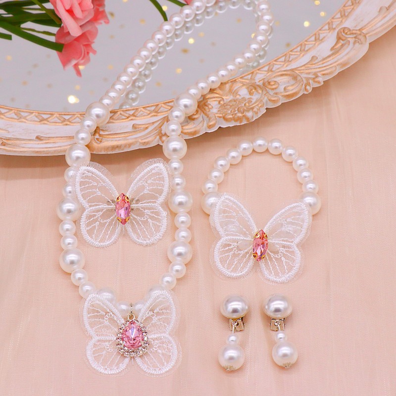 Children's Necklace Bracelet Set Foreign Trade Jewelry Butterfly Necklace Girl's Imitation Pearl Necklace Dance Performance Jewelry