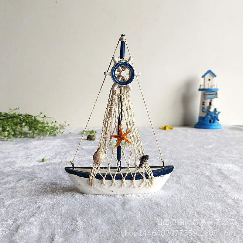 Mediterranean style shell boat decoration wooden sailboat model small decoration children's creative handicraft boat