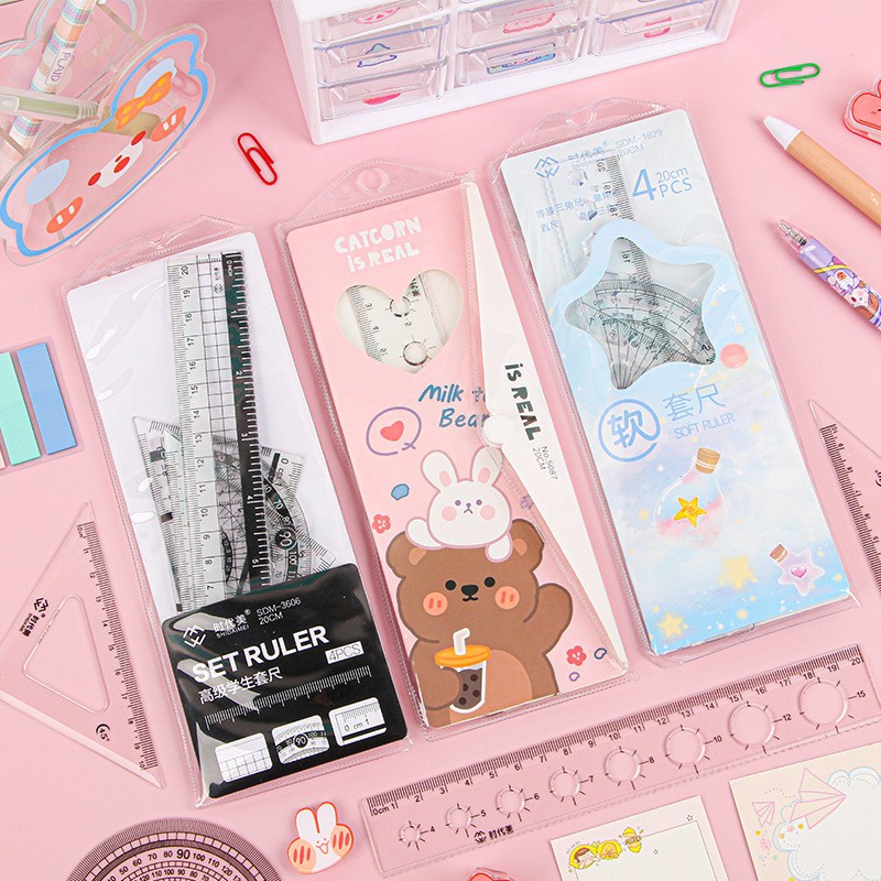 Cartoon set ruler four-piece children's high-value triangle ruler protractor ruler suit primary school stationery wholesale