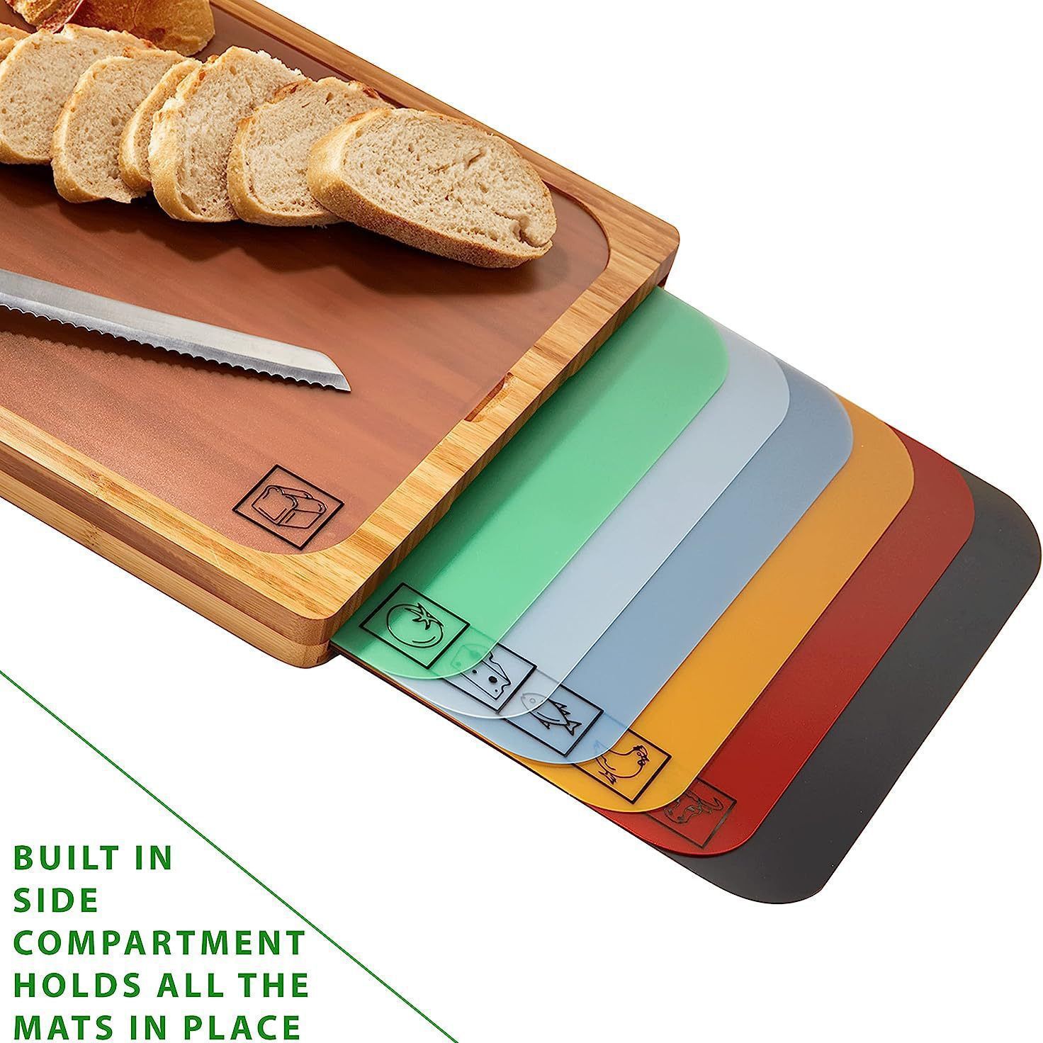 Bamboo Cutting Board with Colorful Cutting Mat Set for Kitchen Use, Solid Wood Chopping Board for Fruits, Bread, and Vegetables