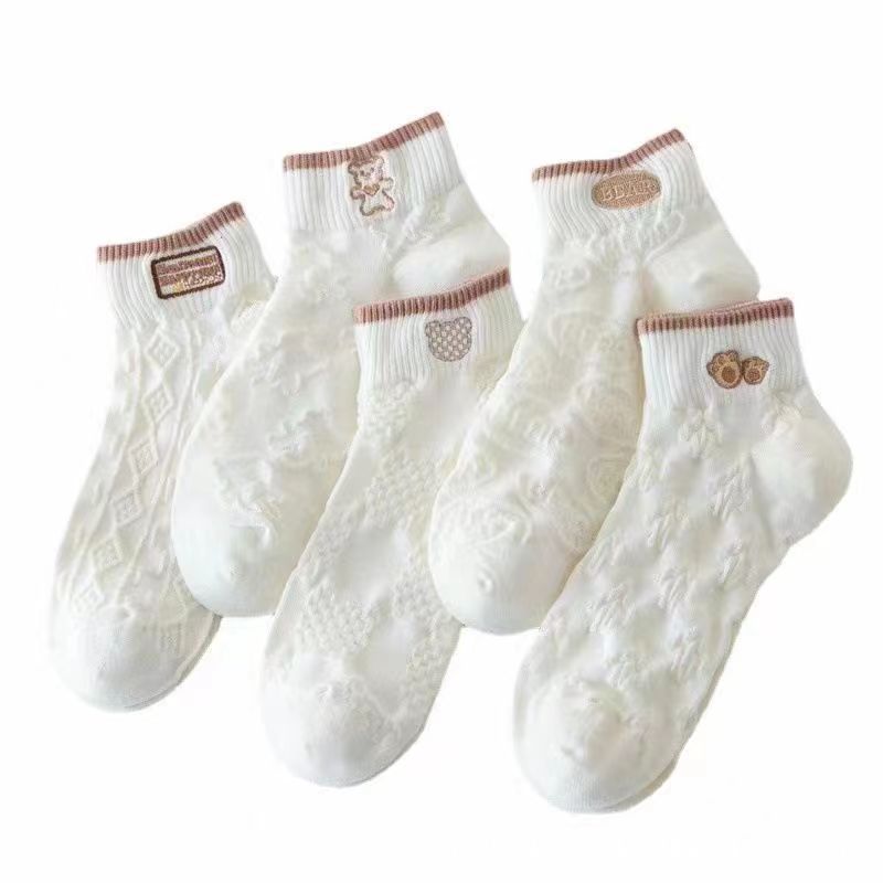 Zhuji Socks Cartoon Cute Bear Lace High Color Value White Summer Student Women's Socks Short Tube Boat Socks Trendy Men