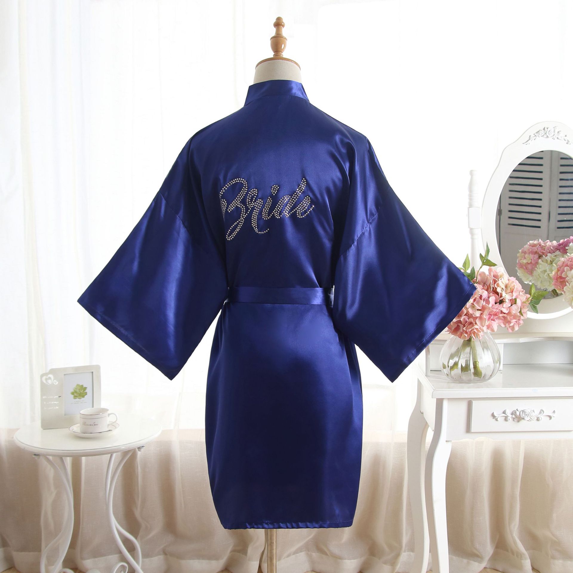Cross-Border Hot Selling Pure Color Hot Diamond Bride Morning Robe Makeup Robe Wedding Nightgown Women's Imitation Silk Cardigan