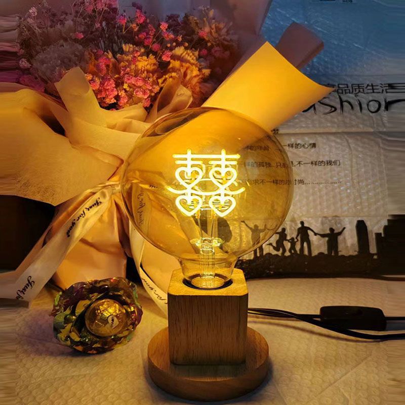 Creative Table Lamp Bedroom Home Led Bulb Solid Wood Base Simple Socket with Switch Bedside Student Night Light