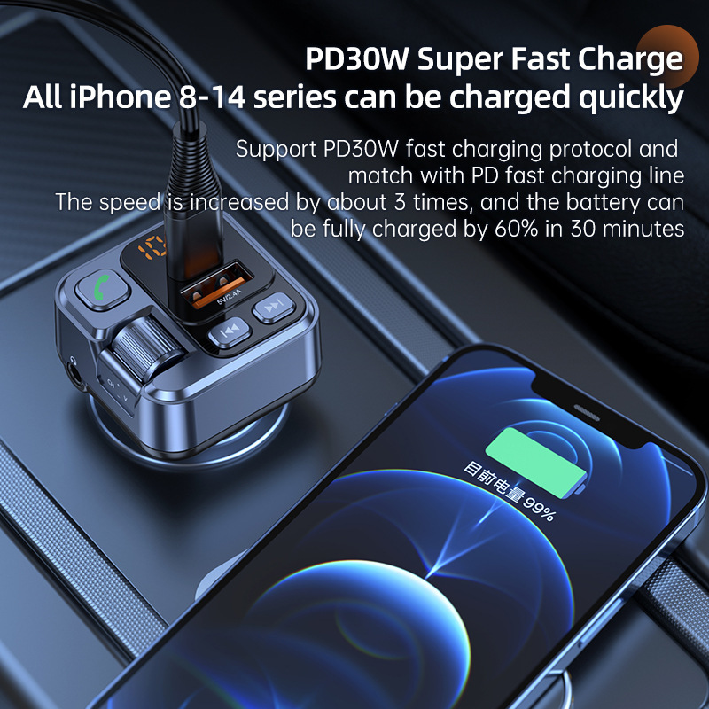 Car Mp3 Player Fm Transmitter Pd30W Fast Charge+2.4A Car Bluetooth Hands-Free Aux Playback Car Charger