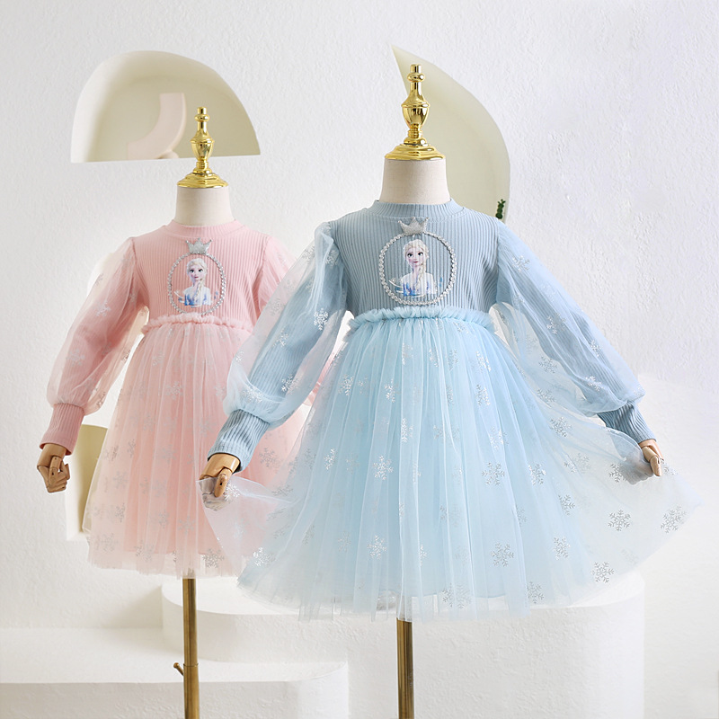 Girls' dress 2025 Autumn and Winter Baby Cotton Long Sleeve Mesh Dress Little Girl Star Princess Elsa Dress