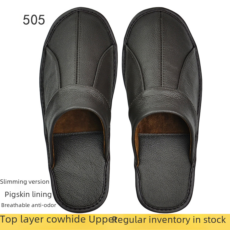 First-Layer Cowhide Toe-Toe Genuine Leather Slippers for Spring & Fall Seasons for Men and Women, the Elderly, Home Use, Indoor Non-Slip Beef Tendon