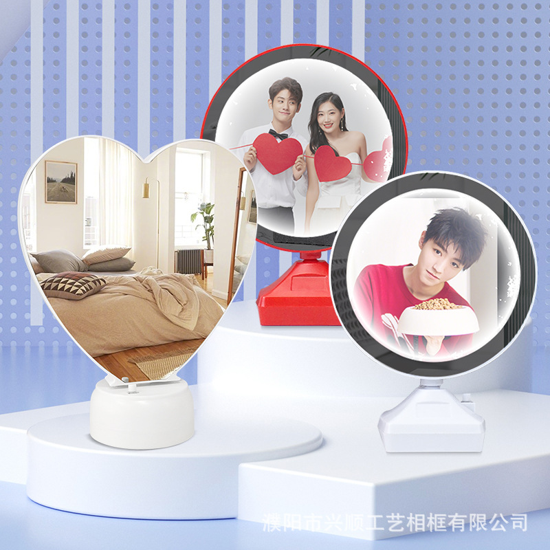Simple magic mirror photo frame on light is photo frame off light is mirror table led round heart-shaped creative makeup mirror