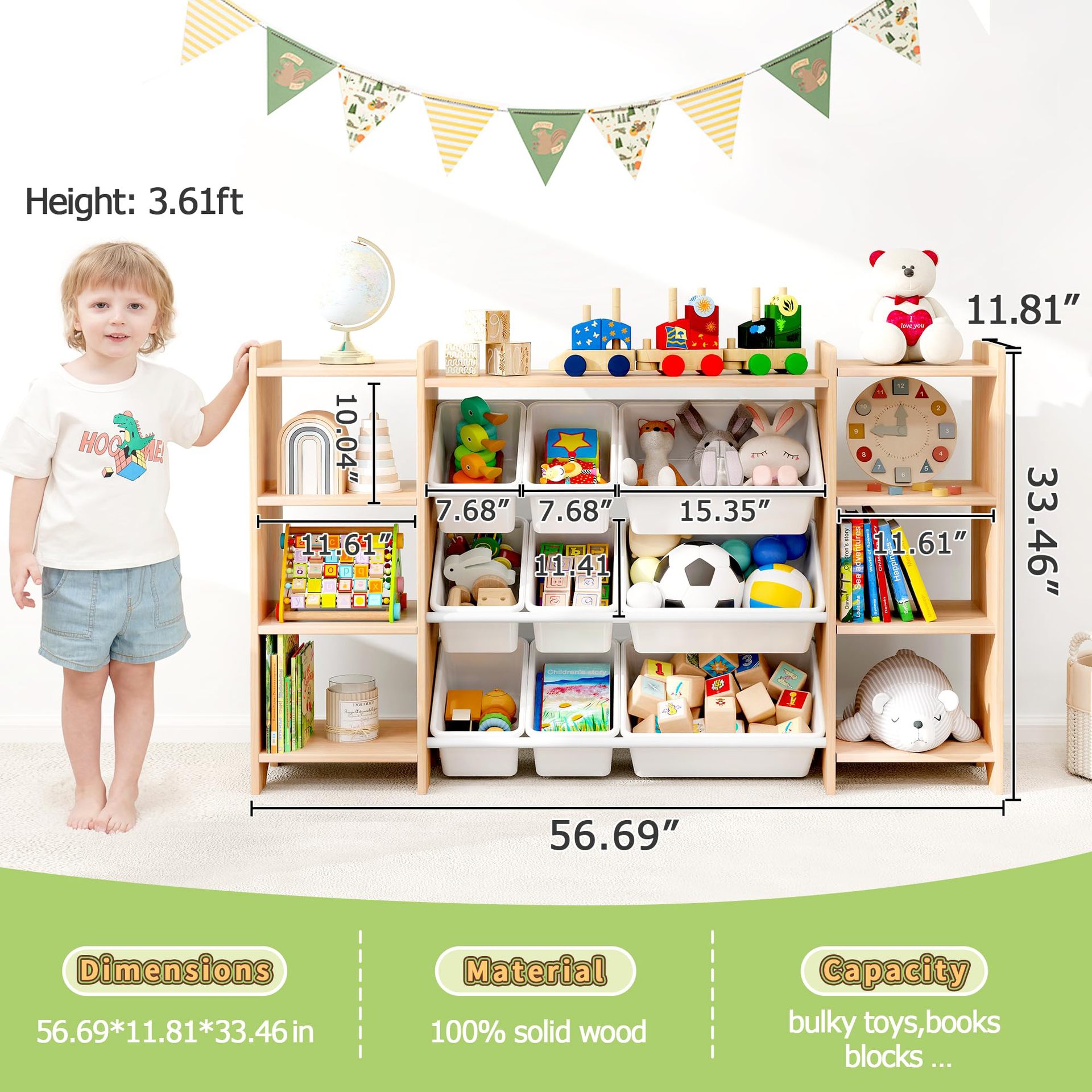 Customized Kidsren's Toy Storage Rack, Ultra-Wide Kidsren's Storage Cabinet with 9 Plastic Boxes and 6 Storage Ports