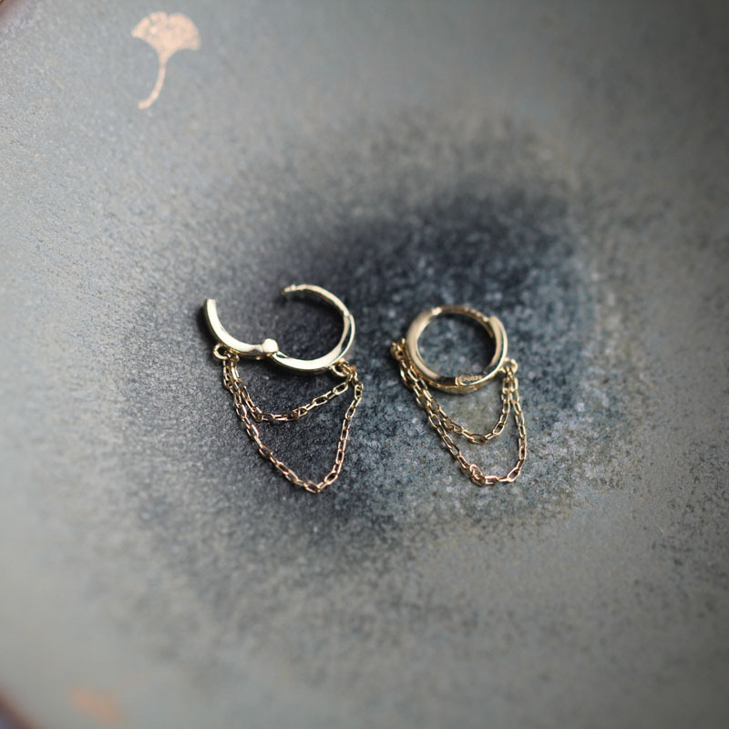 Gauze Skirt Pure 9K Gold Double-Layer Chain Tassel Elegant Small Hoop Earrings Japanese and Korean Style Earrings 622Ok