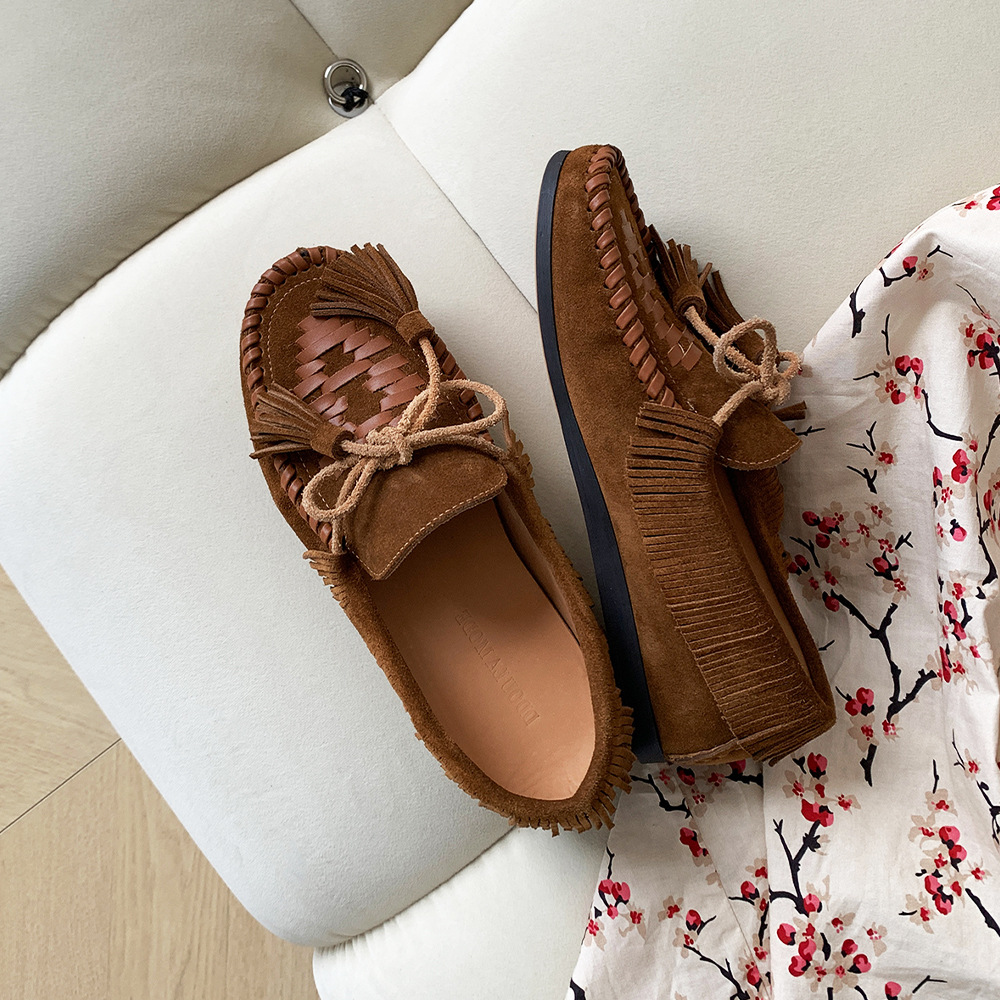 2025 Spring and Autumn New Style Suede Leather Boat Shoes Women's Flat Suzhou Bow Tassel Non-Slip Soft Sole Commuting Shoes