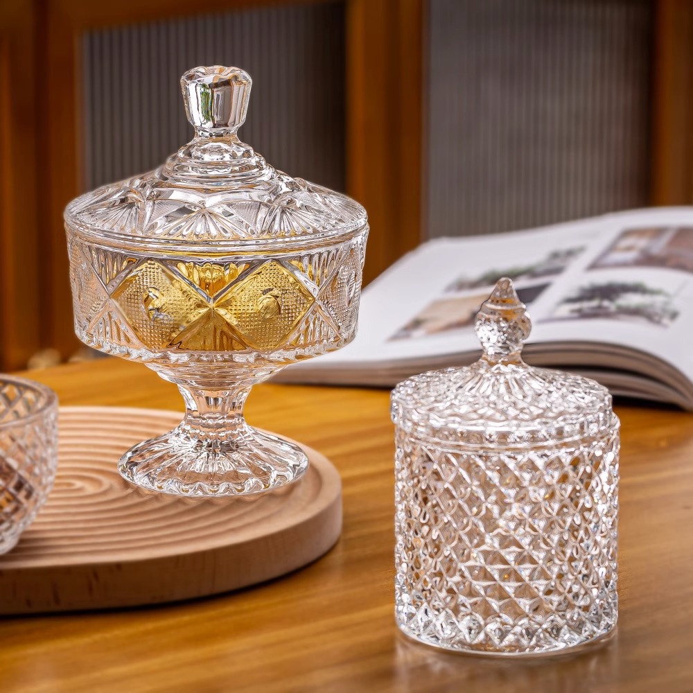 Household creative transparent glass candy jar with lid water storage jar candy candy jar candy cube candy snack jar