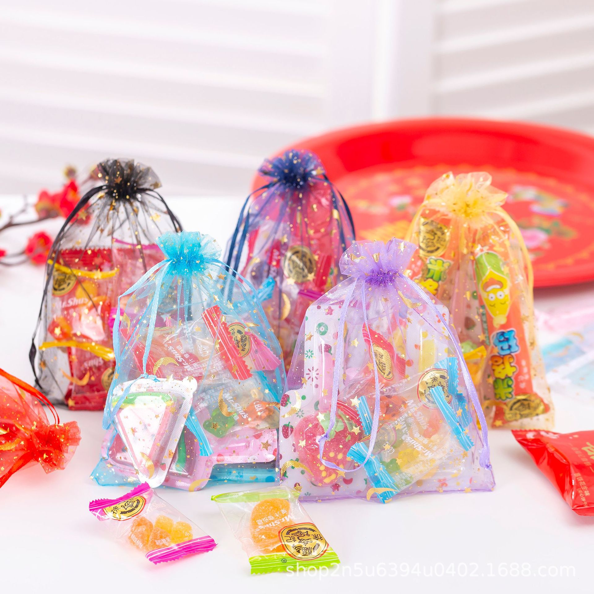 В наличии сумка из органзы с бронзированием звезды и луны упаковка для ювелирных изделий конфет на шнурке