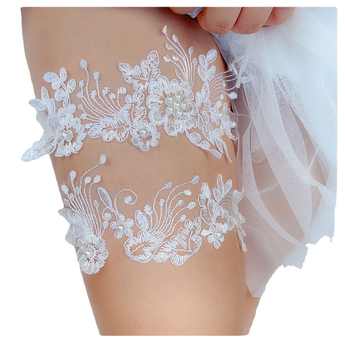 LW34 Cross-border Trade European and American Bride Lace Stockings with Blue Pearl Garter Sexy Elastic Leg Ring Factory