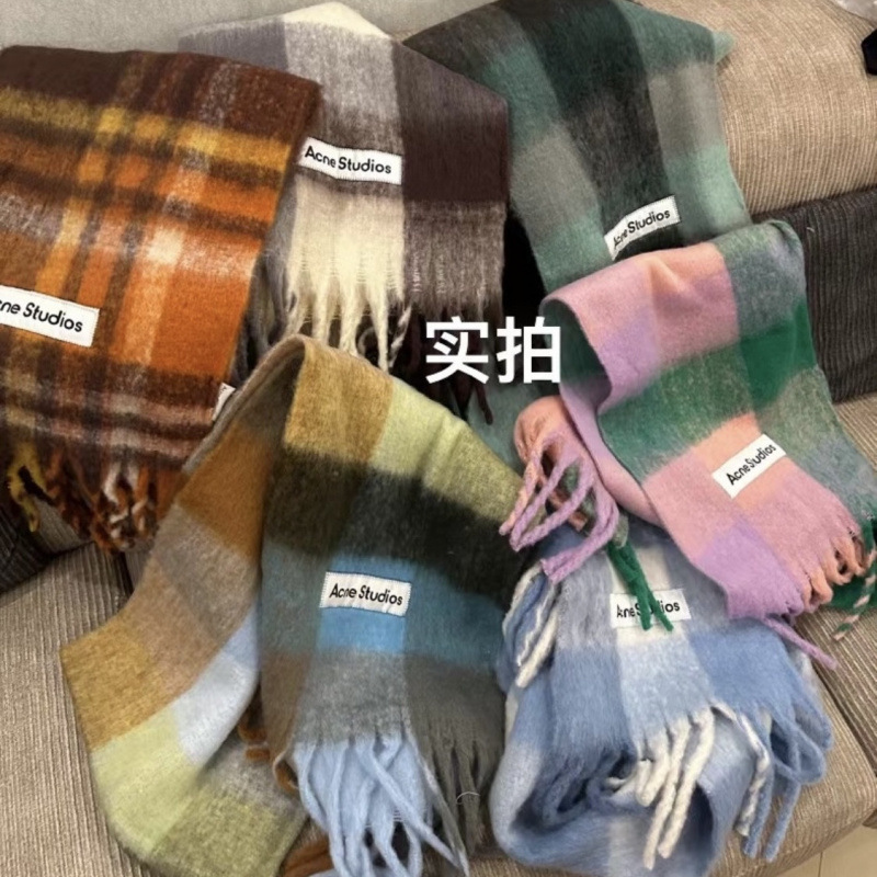 New Autumn and Winter Thickened Warm Rainbow Plaid Scarf European and American Style Loop Yarn Thick Tassel Color-Blocked Shawl