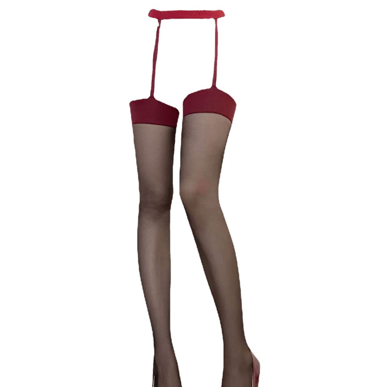 Sexy Hanging Silk Stockings with Nightclub Bounty Hanging Belt One-piece Socks Pure Desire Red Contrast Color Red Side Long Tube Hanging Silk Stockings