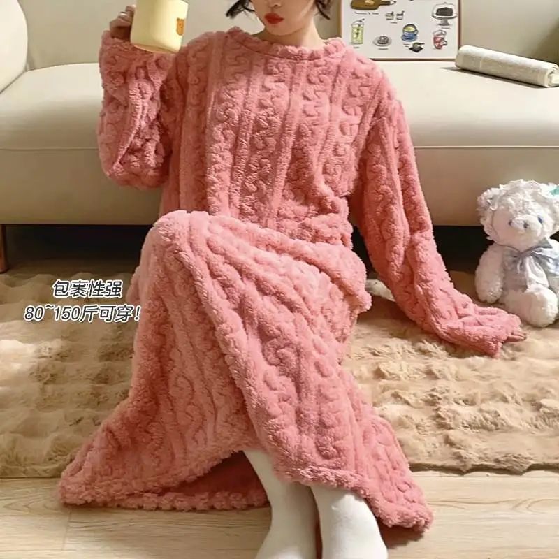 Thickened Walking Quilt Robe with Jacquard Velvet, Long Loose Nightgown with Pockets for Women, Winter Sleepwear
