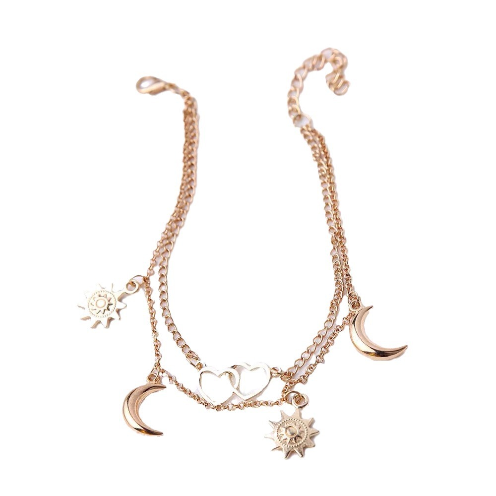 Cross-Border European and American New Style Foot Jewelry, Star and Moon Simple Peach Heart Anklet, Sun Fashion Retro Double-Layer Anklet