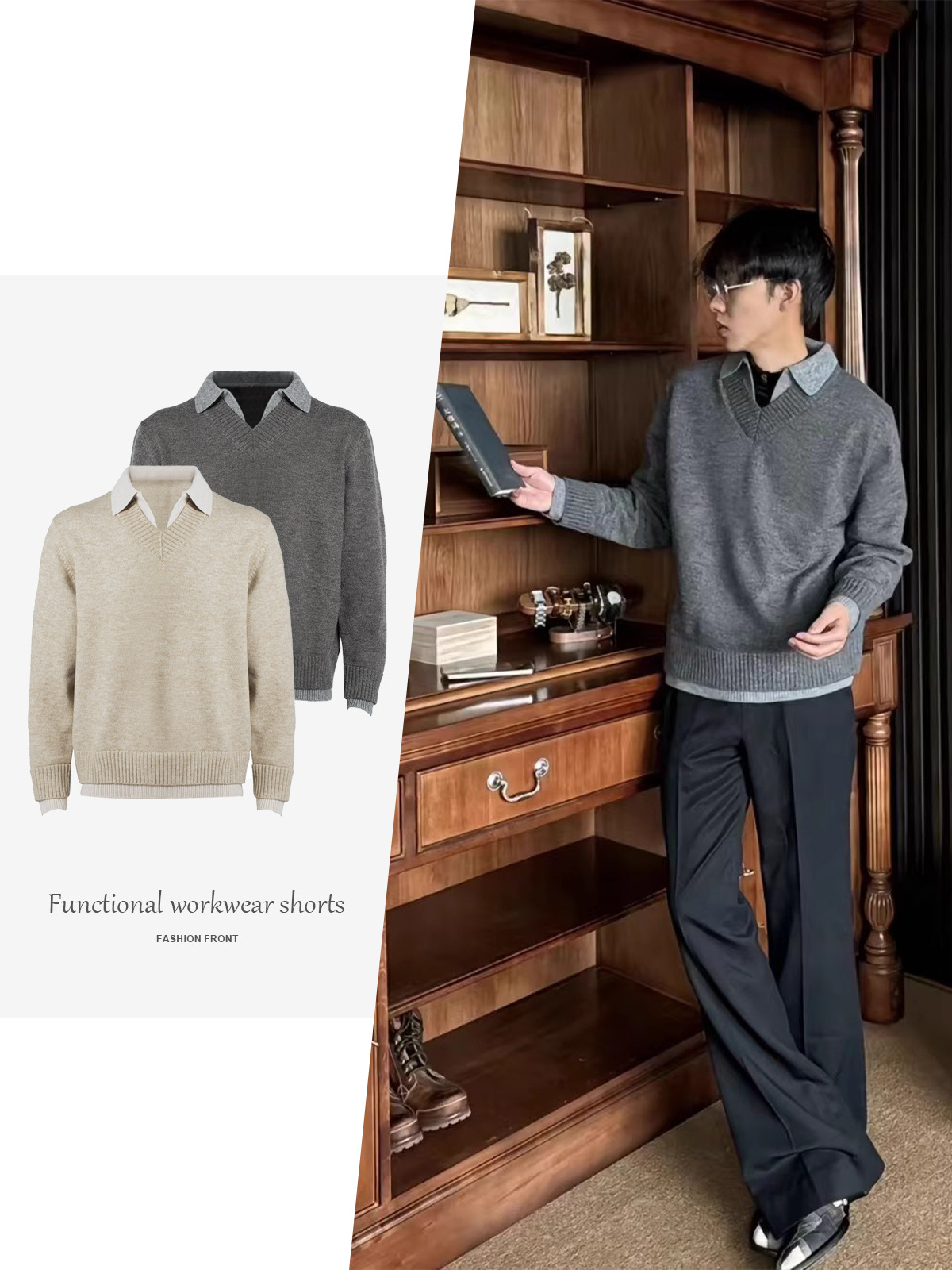 【Csmy】Stay the Night Fake Two-Piece V-Neck Imitation Cashmere Polo Atmosphere Old Money Sweater