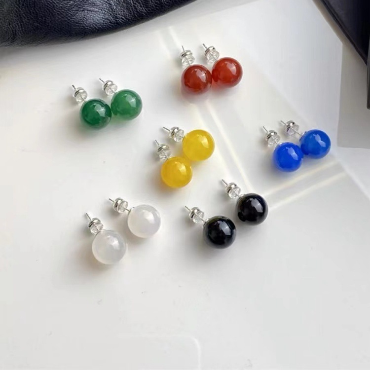 S925 Silver Natural Agate Earrings Simple Round Bead Earrings Retro Red and Green Chalcedony Earrings Silver Jewelry Cross-Border Red Agate