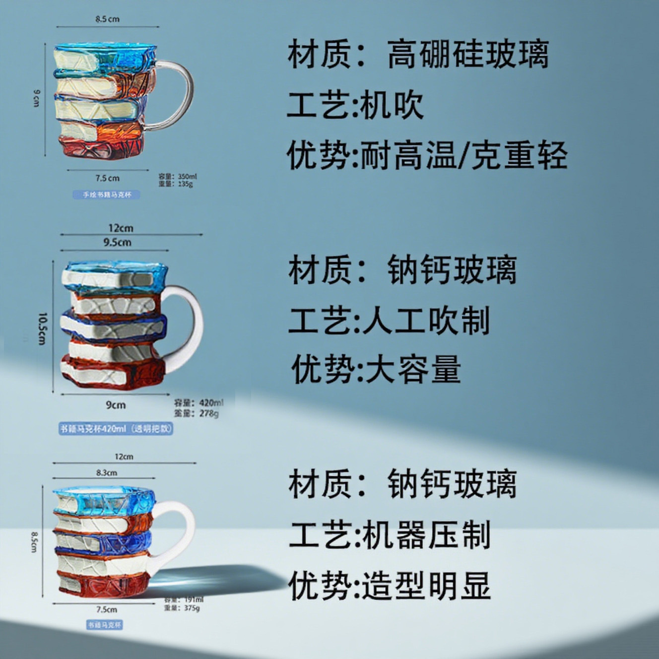 Cross-Border New Hot-Selling Household Novelty Coffee Cup High Borosilicate Glass Cup Hand-Painted Stacked Book Mug