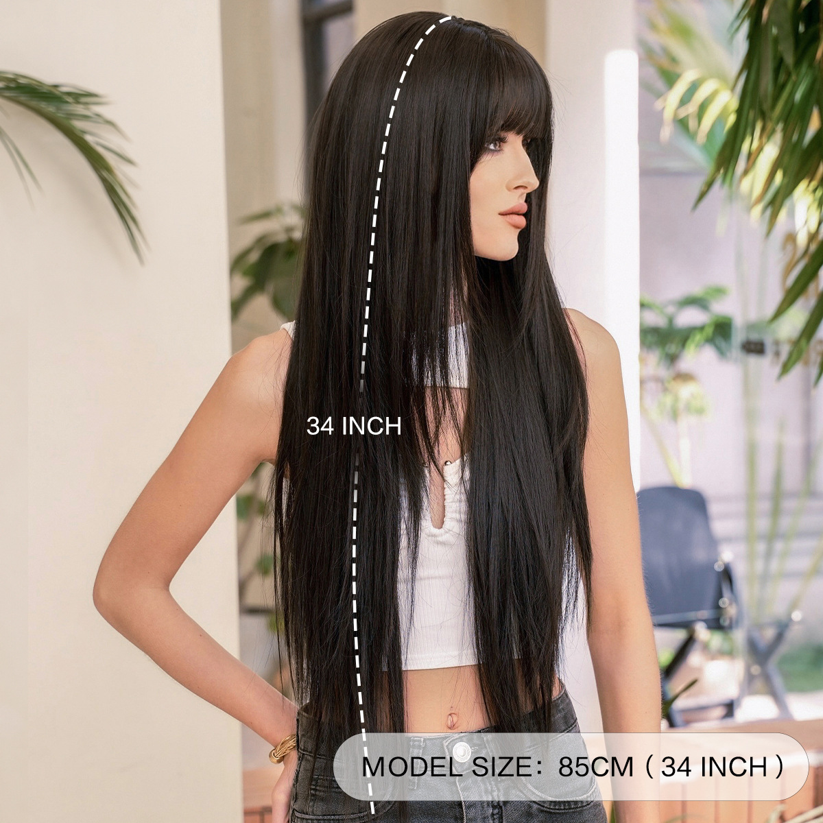 Wig Women's Fashionable Round Face Layered Super Long Straight Hair Black Full Top Wig high quality Chemical Fiber Full Head Cover with Straight Bangs