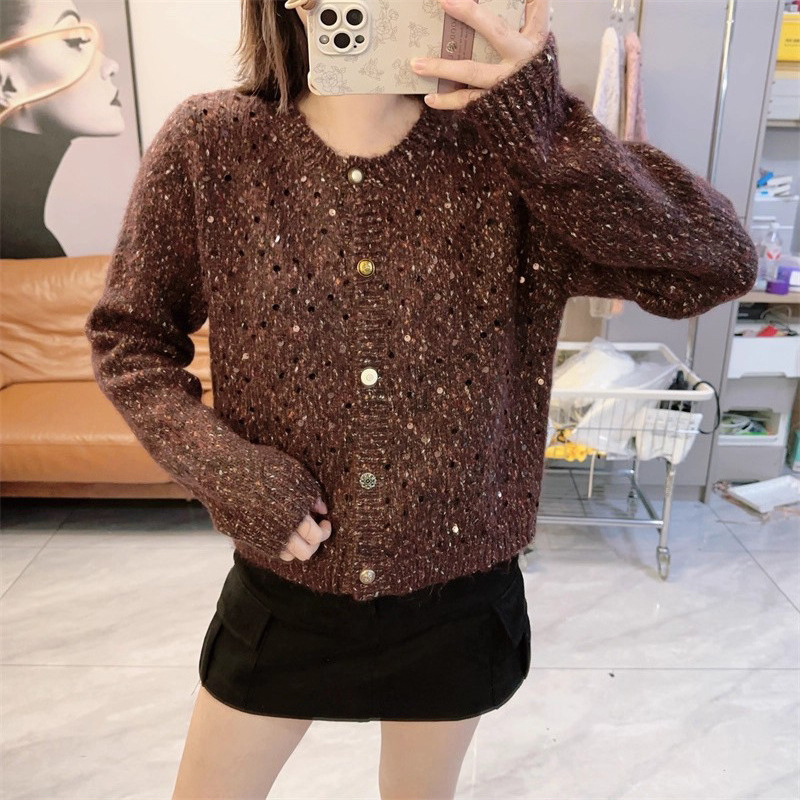 Осень и Зима Новый Корейский Стиль Свободный Узкий Круглый Вырез Блестящий Вязаный Кардиган Женский Свитер Однобортный Модный Пиджак