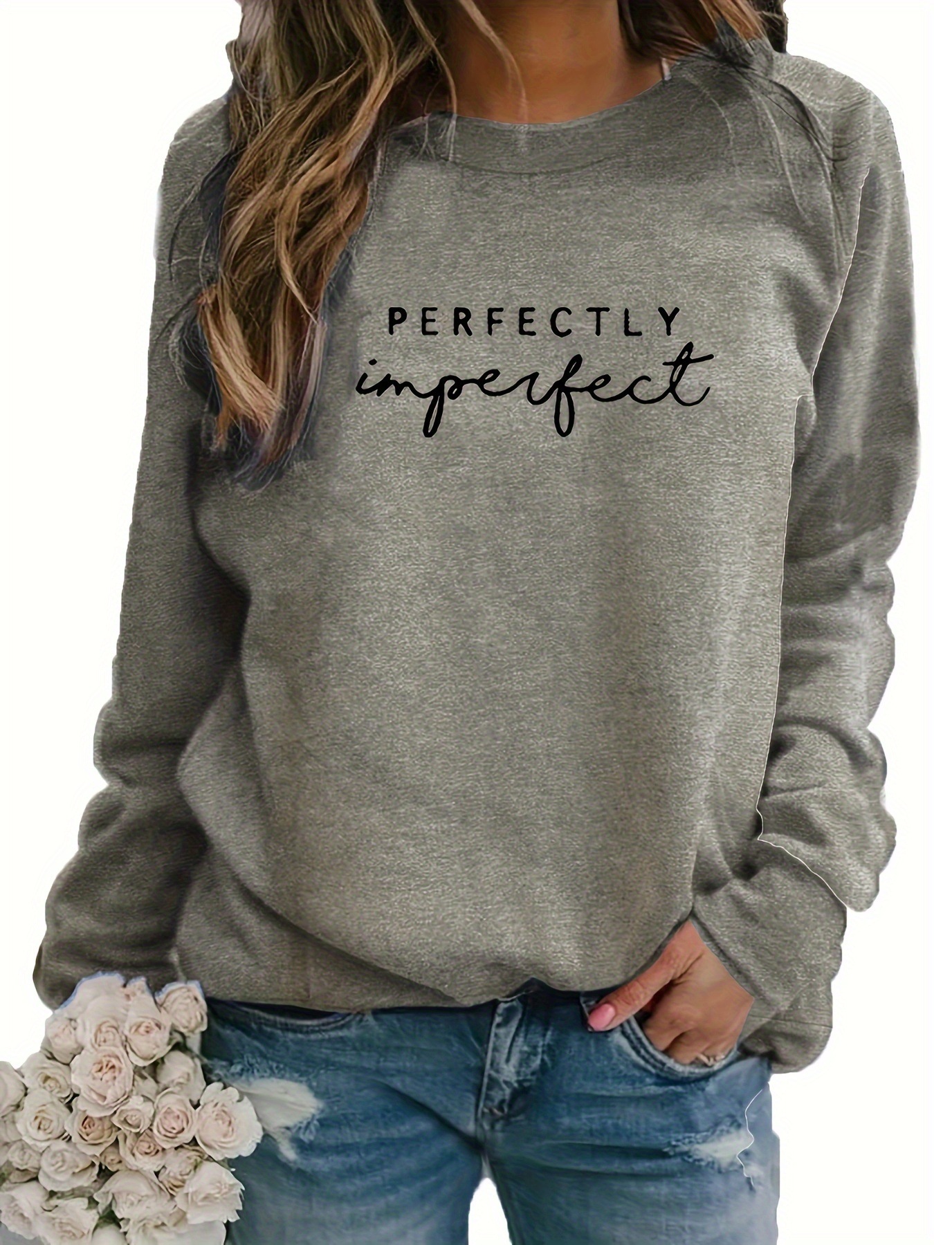 Women's Casual Round Neck Sweatshirt with the Word "Of the Not" Printed on It, Polyester Blend (60% Polyester, 3