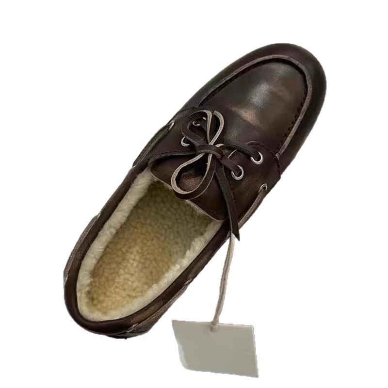 In-Stock Cowhide Version~ New Korean Style Distressed Round-Toe Fleece-Lined Loafers Versatile Genuine Leather Flat Shoes for Women