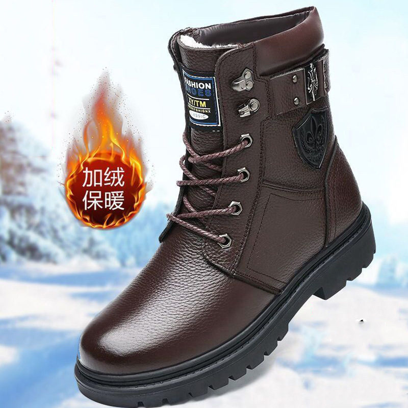 Martin boots men's first layer cowhide cotton shoes men's winter fleece-lined extra thick snow boots high-top genuine leather boots overalls boots
