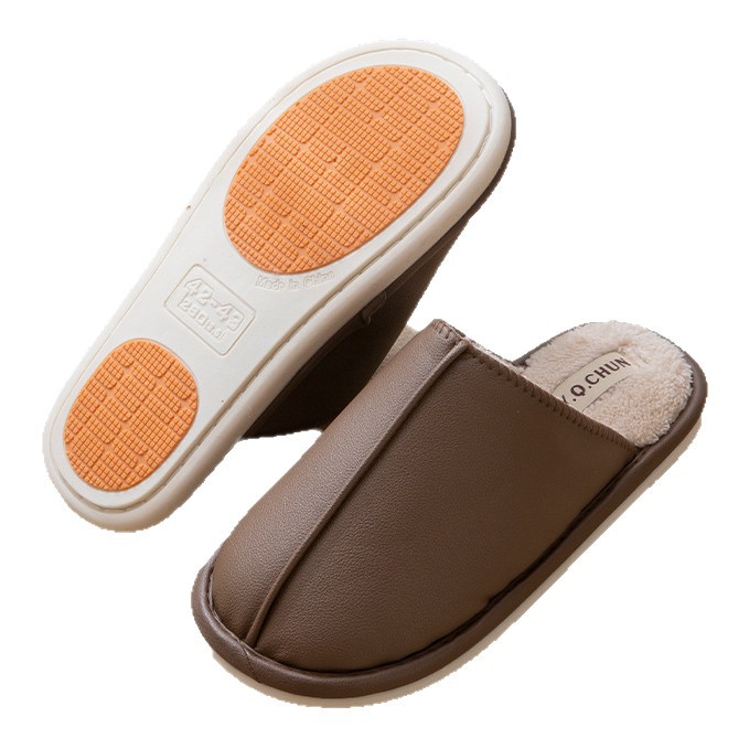 Pu Leather Waterproof Large Size Cotton Slippers for Men, Autumn and Winter Indoor Home Non-Slip Warm Silent Floor Cotton Slippers for Women
